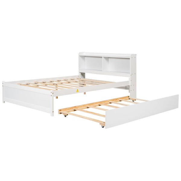 English Elm Full Bed with Pull Out Trundle and Bookcase Headboard for Kids or Guest Rooms White W504P396552