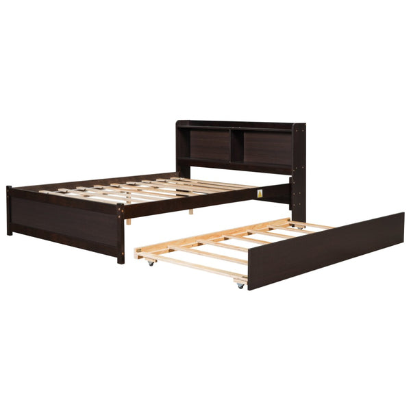 English Elm Full Bed with Pull Out Trundle and Bookcase Headboard for Kids or Guest Rooms Espresso W504P396574