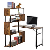 English Elm Home Office Computer Desk L-Shaped Corner Table, Rotating Computer Table With 5-Tier Bookshelf, Four Installation Methods, Lockable Casters (Tiger)