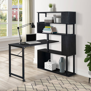 English Elm Home Office Computer Desk L-Shaped Corner Table, Rotating Computer Table With 5-Tier Bookshelf, Four Installation Methods, Lockable Casters (Black)