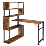 English Elm Home Office Computer Desk L-Shaped Corner Table, Rotating Computer Table With 5-Tier Bookshelf, Four Installation Methods, Lockable Casters (Tiger)