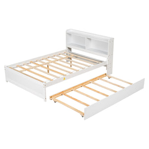 English Elm Full Bed with Trundle and Bookcase Headboard — Space-Saving Full-Size Platform Bed with Storage Shelves and Underbed Drawer White W50446124