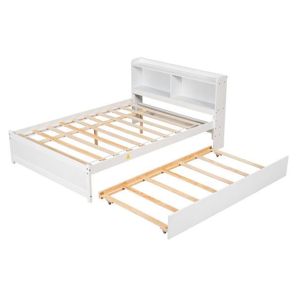 English Elm Full Bed with Pull Out Trundle and Bookcase Headboard for Kids or Guest Rooms White W504P396552