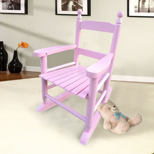 English Elm Children's Solid Wood Rocking Chair for Kids Indoor Outdoor Sturdy Slatted Back Easy Assembly Durable Light Pink W49550593