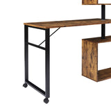 English Elm Home Office Computer Desk L-Shaped Corner Table, Rotating Computer Table With 5-Tier Bookshelf, Four Installation Methods, Lockable Casters (Tiger)