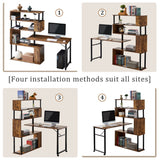 English Elm Home Office Computer Desk L-Shaped Corner Table, Rotating Computer Table With 5-Tier Bookshelf, Four Installation Methods, Lockable Casters (Tiger)