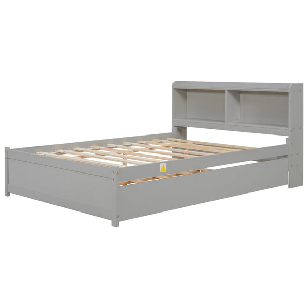 English Elm Full Bed with Pull Out Trundle and Bookcase Headboard for Kids or Guest Rooms Grey W504P396551