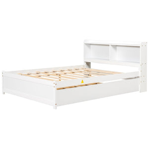 English Elm Full Bed with Pull Out Trundle and Bookcase Headboard for Kids or Guest Rooms White W504P396552