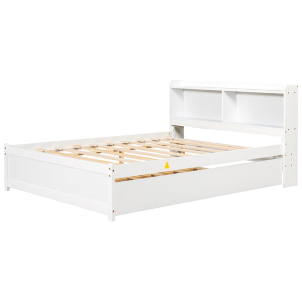 English Elm Full Bed with Pull Out Trundle and Bookcase Headboard for Kids or Guest Rooms White W504P396552