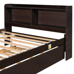 English Elm Full Bed with Pull Out Trundle and Bookcase Headboard for Kids or Guest Rooms Espresso W504P396574