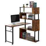 English Elm Home Office Computer Desk L-Shaped Corner Table, Rotating Computer Table With 5-Tier Bookshelf, Four Installation Methods, Lockable Casters (Tiger)