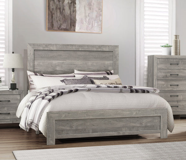 English Elm Rustic Full Size Panel Bed with Textured 3D Paper Veneer Finish, Modern Farmhouse Style Bedroom Gray 60.75 L x 33.5 W x 6.5 H B011P248597
