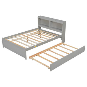 English Elm Full Bed with Pull Out Trundle and Bookcase Headboard for Kids or Guest Rooms Grey W504P396551