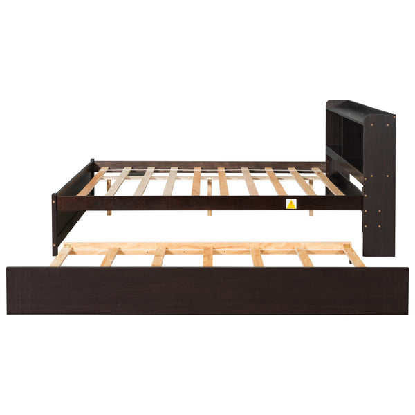 English Elm Full Bed with Trundle and Bookcase Headboard — Space-Saving Full-Size Platform Bed with Storage Shelves and Underbed Drawer Espresso W50446125