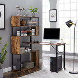 English Elm Home Office Computer Desk L-Shaped Corner Table, Rotating Computer Table With 5-Tier Bookshelf, Four Installation Methods, Lockable Casters (Tiger)