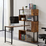 English Elm Home Office Computer Desk L-Shaped Corner Table, Rotating Computer Table With 5-Tier Bookshelf, Four Installation Methods, Lockable Casters (Tiger)