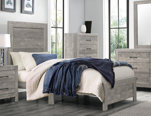 English Elm Rustic Full Size Panel Bed with Textured 3D Paper Veneer Finish, Modern Farmhouse Style Bedroom Gray 45.25 L x 33.5 W x 6.5 H B011P248599