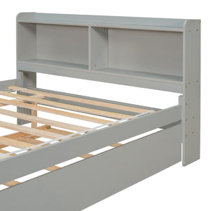 English Elm Full Bed with Pull Out Trundle and Bookcase Headboard for Kids or Guest Rooms Grey W504P396551
