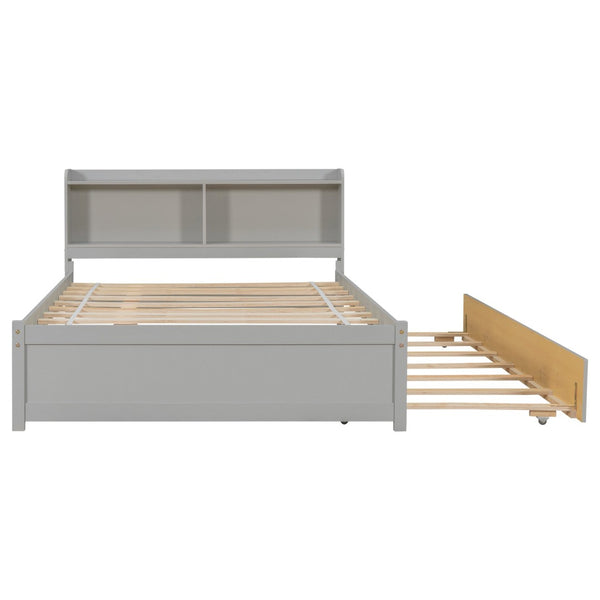 English Elm Full Bed with Pull Out Trundle and Bookcase Headboard for Kids or Guest Rooms Grey W504P396551