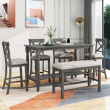 Hearth and Haven William 6 Piece Counter Height Dining Table Set Table with Shelf 4 Chairs and Bench, Grey