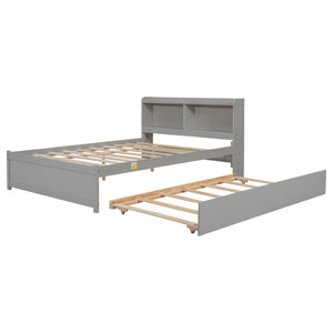 English Elm Full Bed with Pull Out Trundle and Bookcase Headboard for Kids or Guest Rooms Grey W504P396551