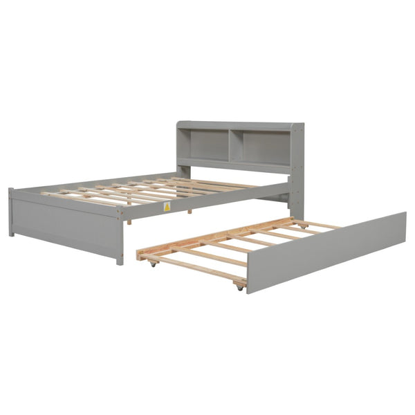 English Elm Full Bed with Pull Out Trundle and Bookcase Headboard for Kids or Guest Rooms Grey W504P396551