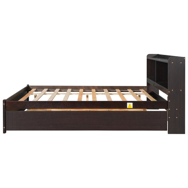English Elm Full Bed with Pull Out Trundle and Bookcase Headboard for Kids or Guest Rooms Espresso W504P396574