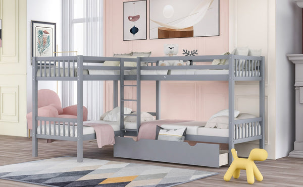 English Elm Twin L-shaped Bunk Bed Sleeps Four with Storage Drawers Mission Style Pine Frame Gray LT000038AAE