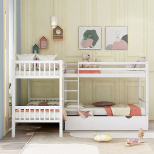 English Elm Twin L-shaped Bunk Bed Sleeps Four with Storage Drawers Mission Style Pine Frame White LT000038AAK