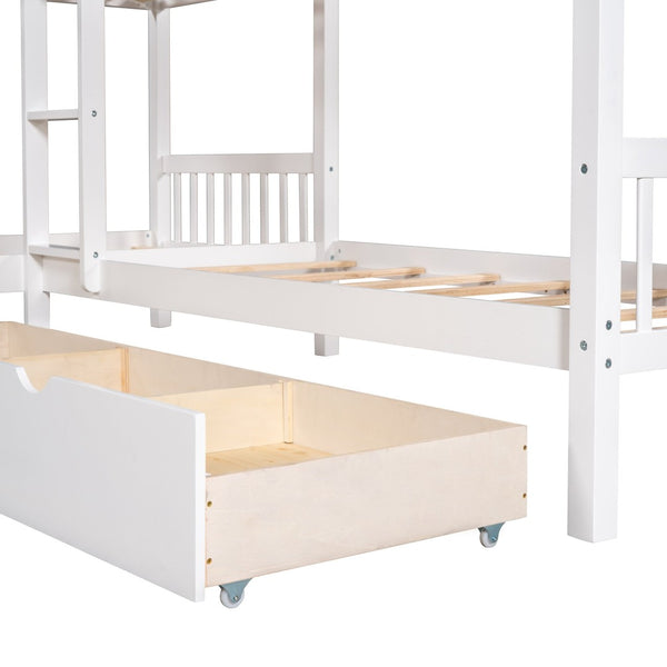 English Elm Twin L-shaped Bunk Bed Sleeps Four with Storage Drawers Mission Style Pine Frame White LT000038AAK