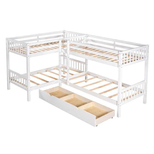 English Elm Twin L-shaped Bunk Bed Sleeps Four with Storage Drawers Mission Style Pine Frame White LT000038AAK