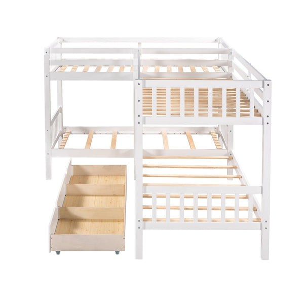 English Elm Twin L-shaped Bunk Bed Sleeps Four with Storage Drawers Mission Style Pine Frame White LT000038AAK