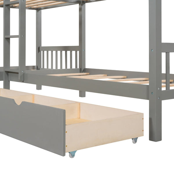 English Elm Twin L-shaped Bunk Bed Sleeps Four with Storage Drawers Mission Style Pine Frame Gray LT000038AAE