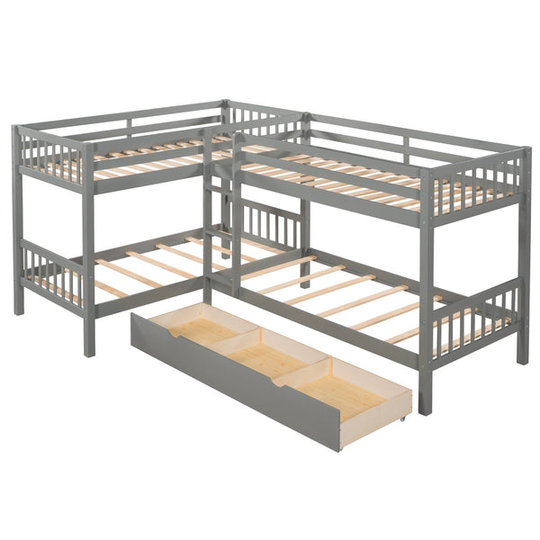 English Elm Twin L-shaped Bunk Bed Sleeps Four with Storage Drawers Mission Style Pine Frame Gray LT000038AAE