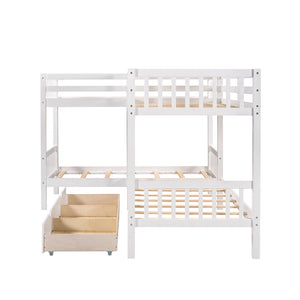 English Elm Twin L-shaped Bunk Bed Sleeps Four with Storage Drawers Mission Style Pine Frame White LT000038AAK