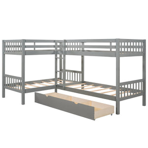 English Elm Twin L-shaped Bunk Bed Sleeps Four with Storage Drawers Mission Style Pine Frame Gray LT000038AAE