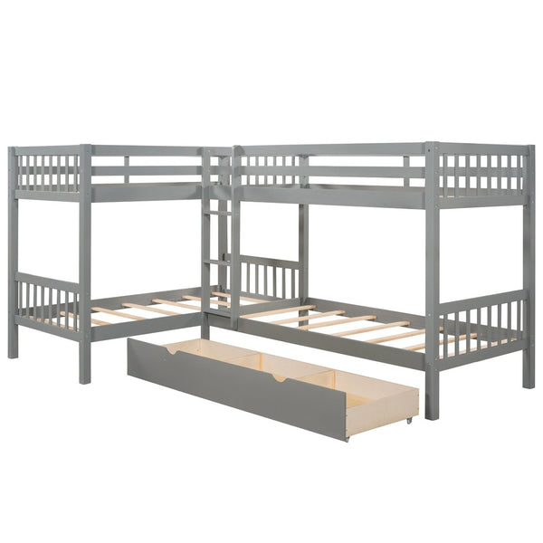 English Elm Twin L-shaped Bunk Bed Sleeps Four with Storage Drawers Mission Style Pine Frame Gray LT000038AAE