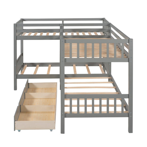 English Elm Twin L-shaped Bunk Bed Sleeps Four with Storage Drawers Mission Style Pine Frame Gray LT000038AAE