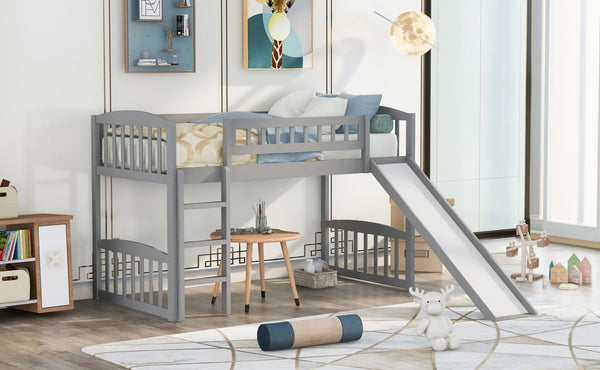 English Elm Twin Loft Bed with Built-in Slide Ladder Pine Wood Frame Kids Bedroom Gray N708P242135E
