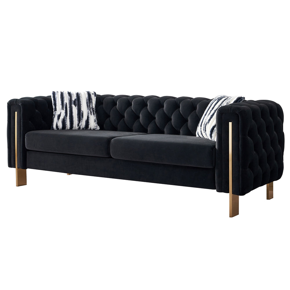 English Elm Chesterfield Modern Tufted Velvet Sofa with Gold Legs, Sleek Upholstered Accent for Living Room Black W57947394