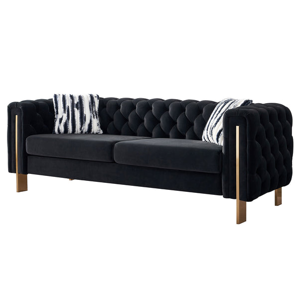 English Elm Chesterfield Modern Tufted Velvet Sofa with Gold Legs, Sleek Upholstered Accent for Living Room Black W57947394
