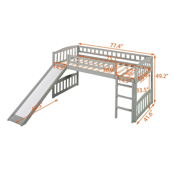 English Elm Twin Loft Bed with Built-in Slide Ladder Pine Wood Frame Kids Bedroom Gray N708P242135E