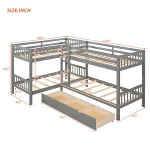 English Elm Twin L-shaped Bunk Bed Sleeps Four with Storage Drawers Mission Style Pine Frame Gray LT000038AAE