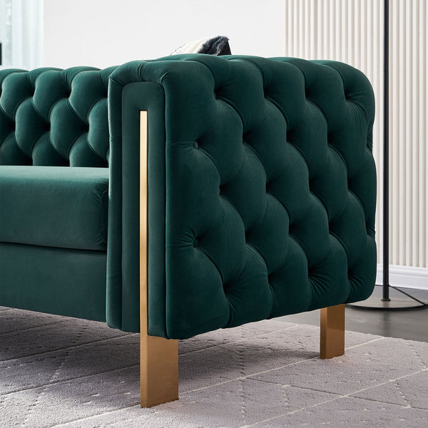 English Elm Chesterfield Modern Tufted Velvet Sofa with Gold Legs, Sleek Upholstered Accent for Living Room Green W57947395