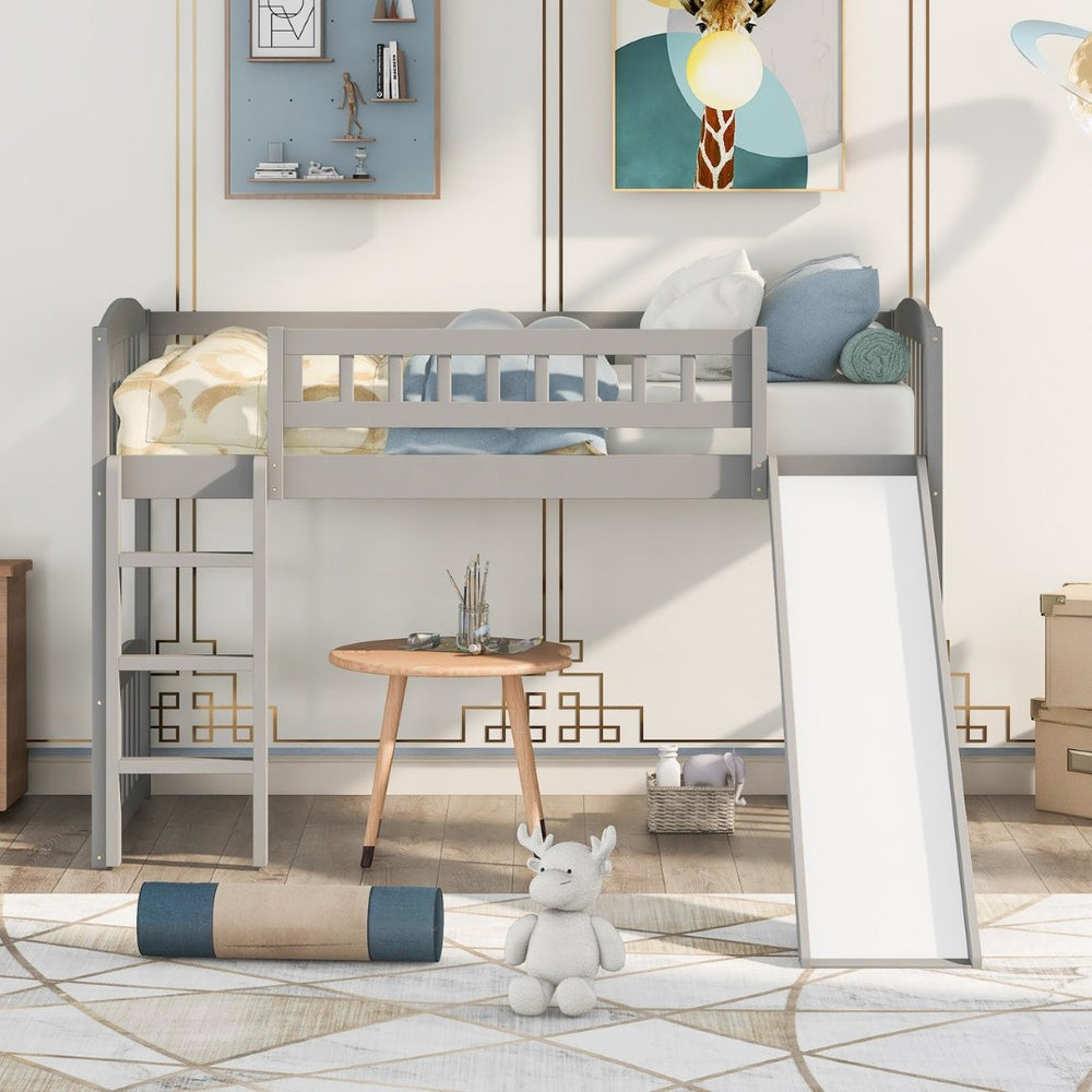 English Elm Twin Loft Bed with Built-in Slide Ladder Pine Wood Frame Kids Bedroom Gray N708P242135E