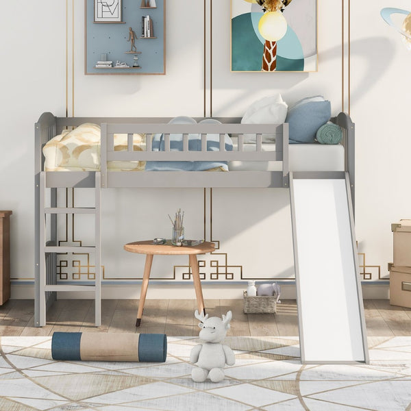 English Elm Twin Loft Bed with Built-in Slide Ladder Pine Wood Frame Kids Bedroom Gray N708P242135E