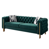 Green Velvet Chesterfield Sofa, 84.25''W, Gold Legs, High-Density Foam, 700 lbs Capacity