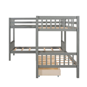 English Elm Twin L-shaped Bunk Bed Sleeps Four with Storage Drawers Mission Style Pine Frame Gray LT000038AAE