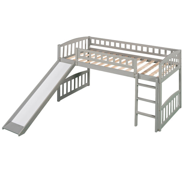 English Elm Twin Loft Bed with Built-in Slide Ladder Pine Wood Frame Kids Bedroom Gray N708P242135E