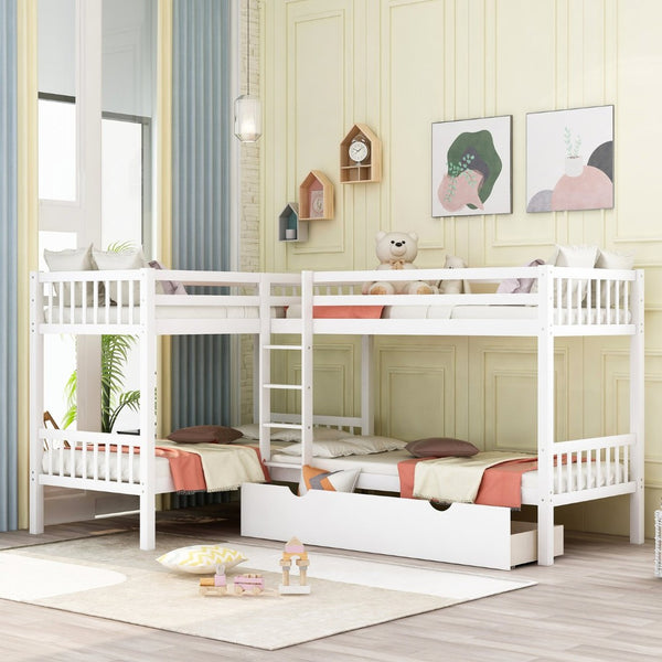 English Elm Twin L-shaped Bunk Bed Sleeps Four with Storage Drawers Mission Style Pine Frame White LT000038AAK